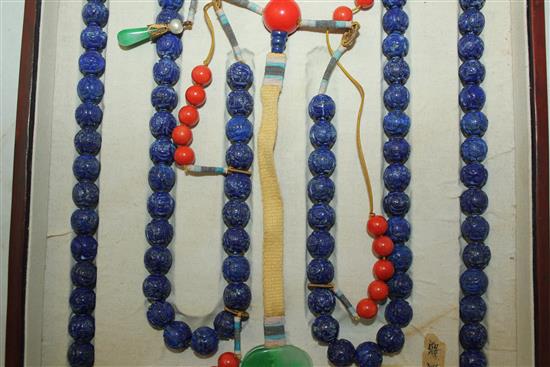 A Chinese lapis lazuli, jadeite and coral necklace, 31.5cm
